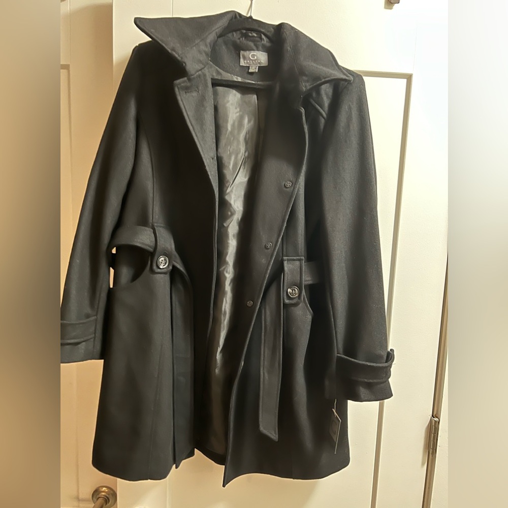 BNWT XL Black Gallery Belted Winter Coat Button Up Detachable Hood
